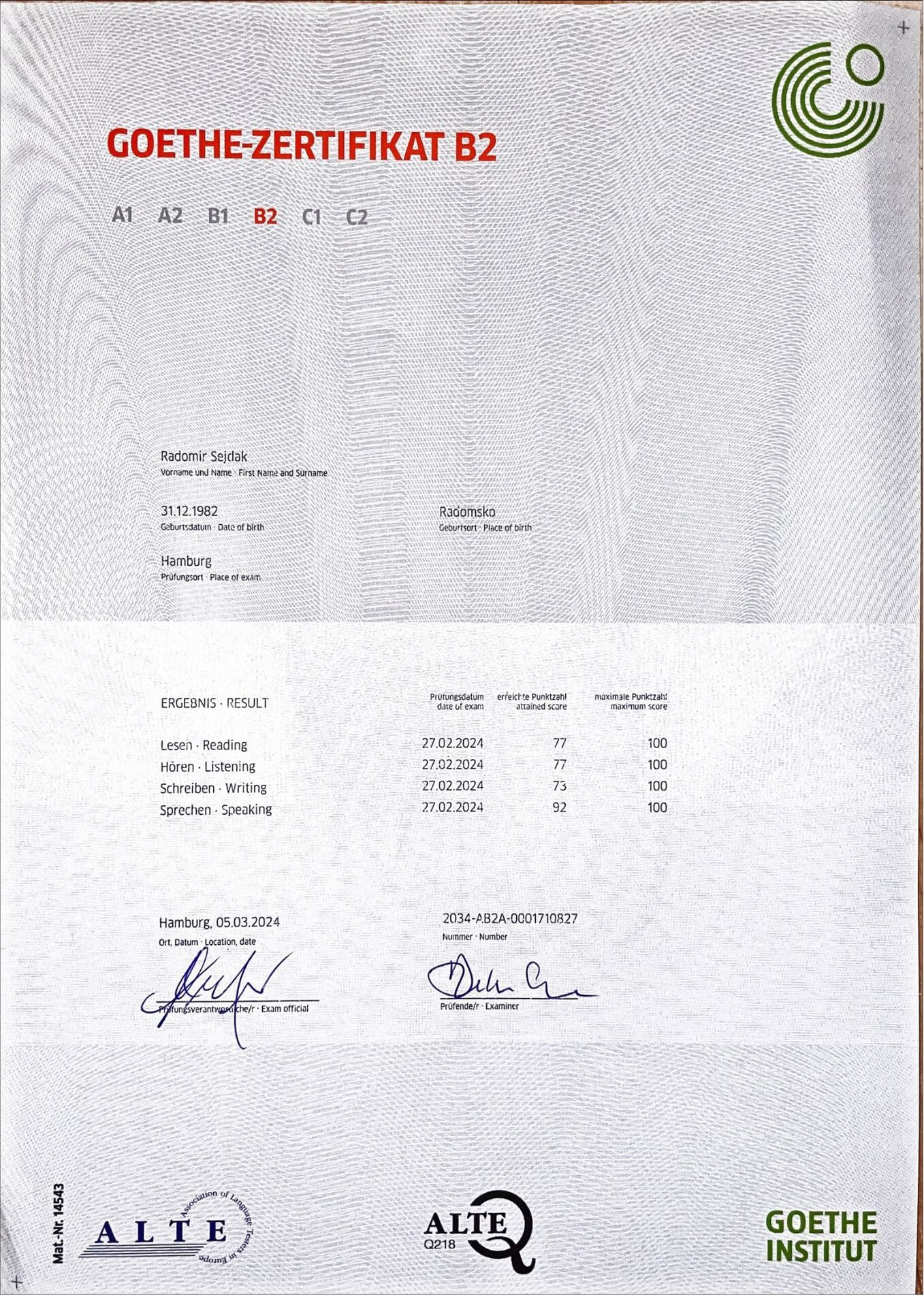 Certyfikat B2 Niemiecki - Strona 1